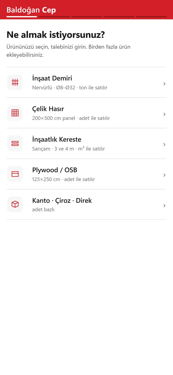 Baldoğan Cep — ürün listesi ekranı